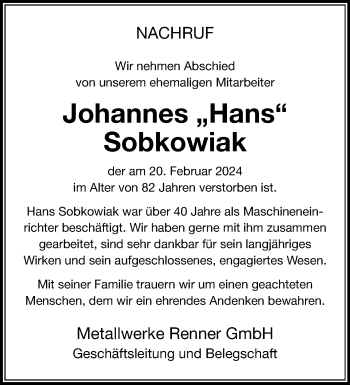 Anzeige von Johannes Sobkowiak 