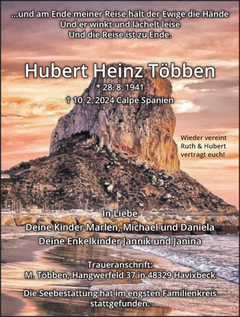 Anzeige von Hubert Heinz Többen 