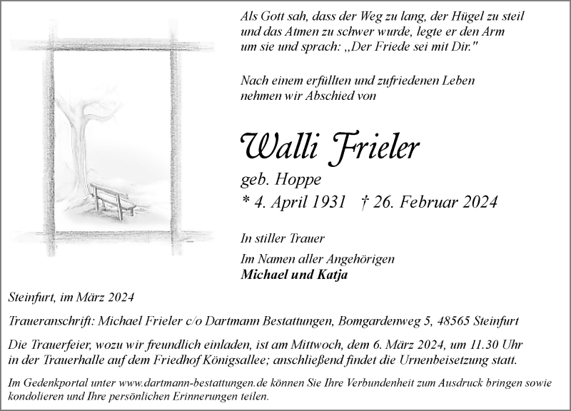  Traueranzeige für Walli Frieler vom 02.03.2024 aus 