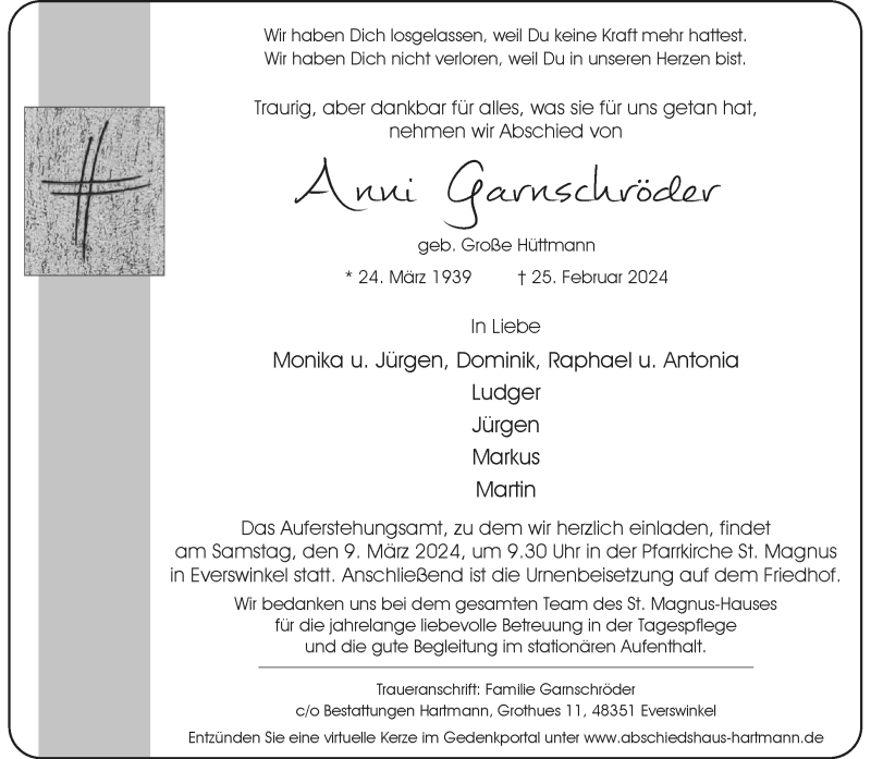  Traueranzeige für Anni Garnschröder vom 02.03.2024 aus 