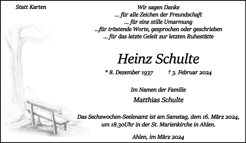  Traueranzeige für Heinz Schulte vom 09.03.2024 aus 