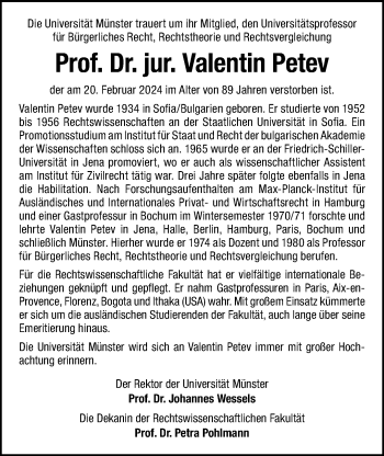 Anzeige von Prof. Dr. Jur. Valentin Petev 