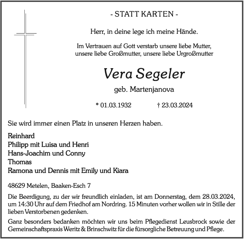  Traueranzeige für Vera Segeler vom 25.03.2024 aus 
