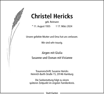 Anzeige von Christel Hericks 