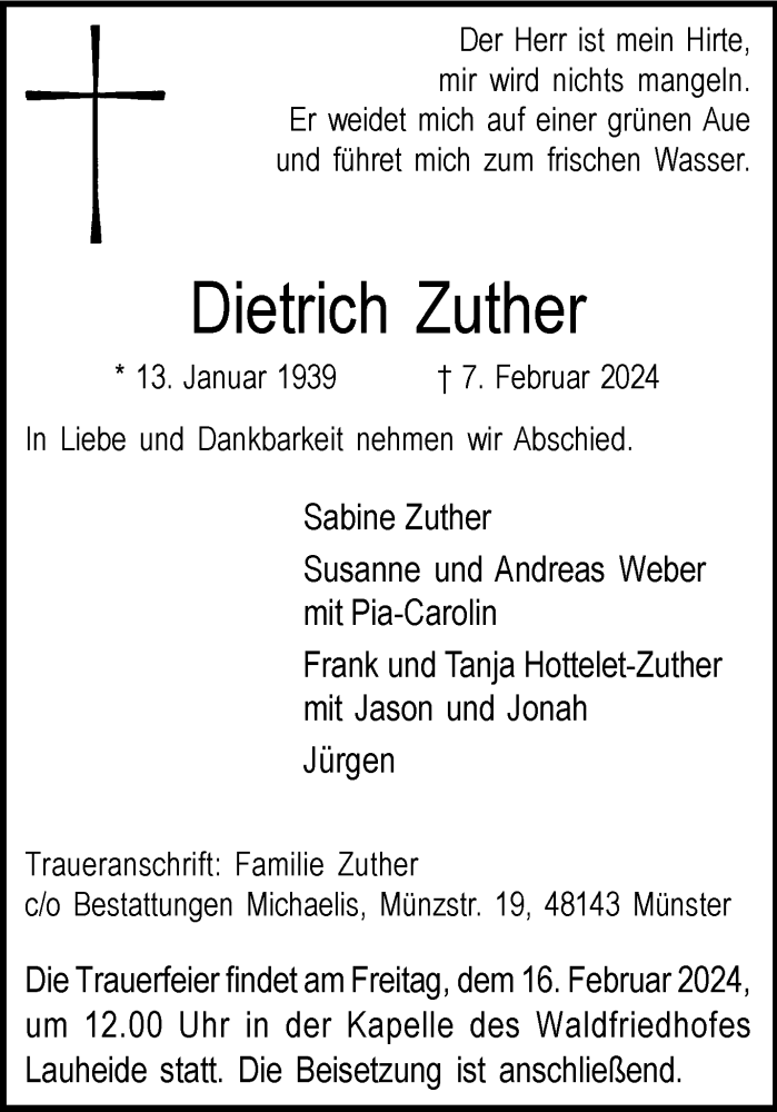  Traueranzeige für Dietrich Zuther vom 10.02.2024 aus 