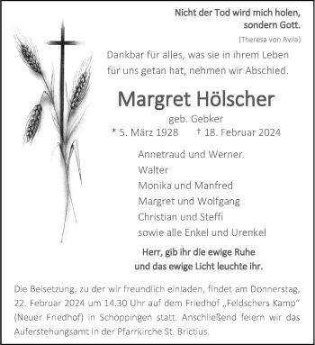 Anzeige von Margret Hölscher 
