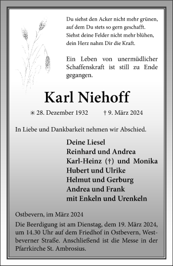 Anzeige von Karl Niehoff 