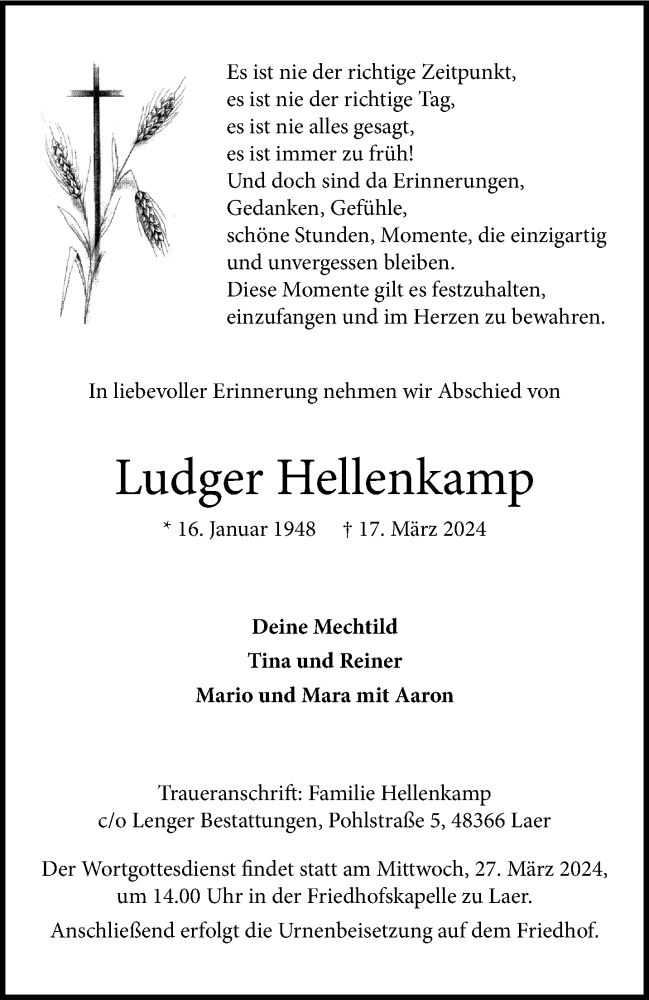  Traueranzeige für Ludger Hellenkamp vom 23.03.2024 aus 