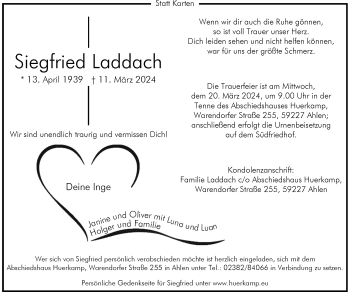 Anzeige von Siegfried Laddach 