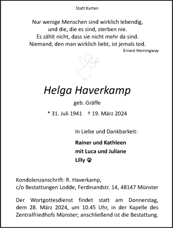 Anzeige von Helga Haverkamp 