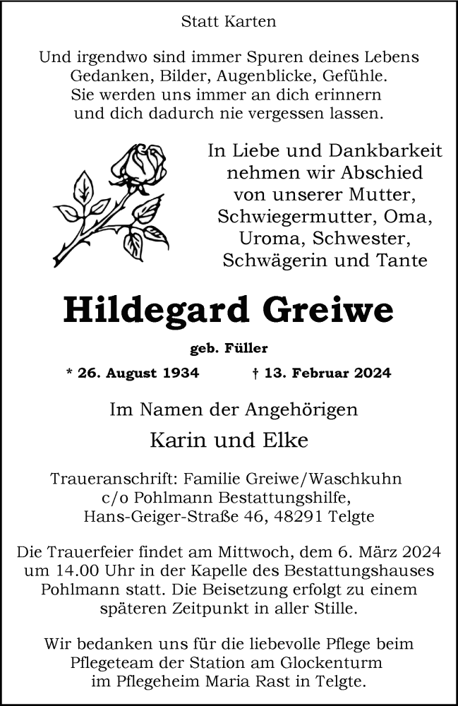  Traueranzeige für Hildegard Greiwe vom 02.03.2024 aus 