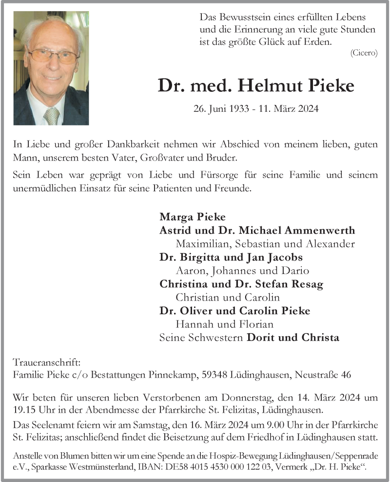  Traueranzeige für Dr. med. Helmut Pieke vom 13.03.2024 aus 