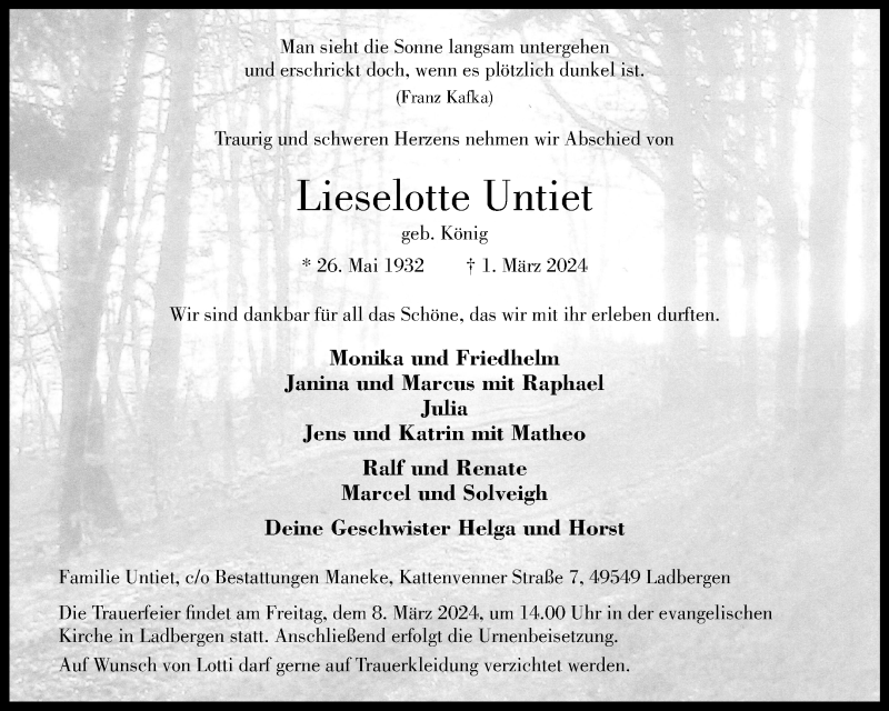  Traueranzeige für Lieselotte Untiet vom 05.03.2024 aus 