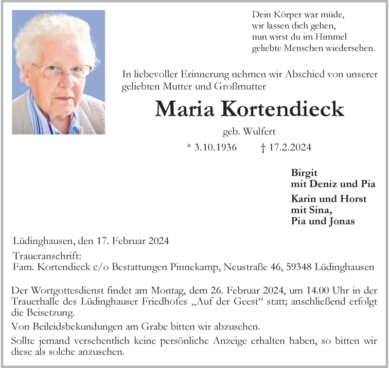  Traueranzeige für Maria Kortendieck vom 22.02.2024 aus 