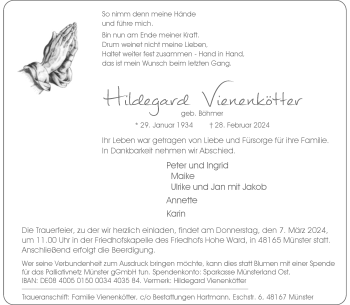 Anzeige von Hildegard Vienenkötter 