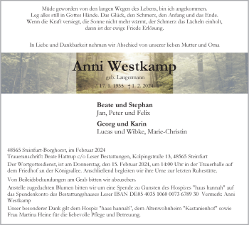 Anzeige von Anni Westkamp 