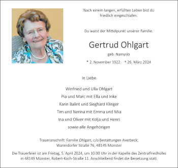 Anzeige von Gertrud Ohlgart 