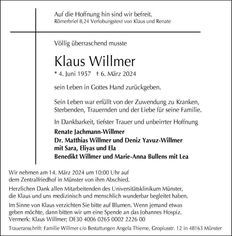  Traueranzeige für Klaus Willmer vom 09.03.2024 aus 