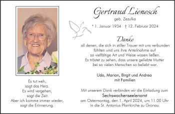 Anzeige von Gertraud Lienesch 