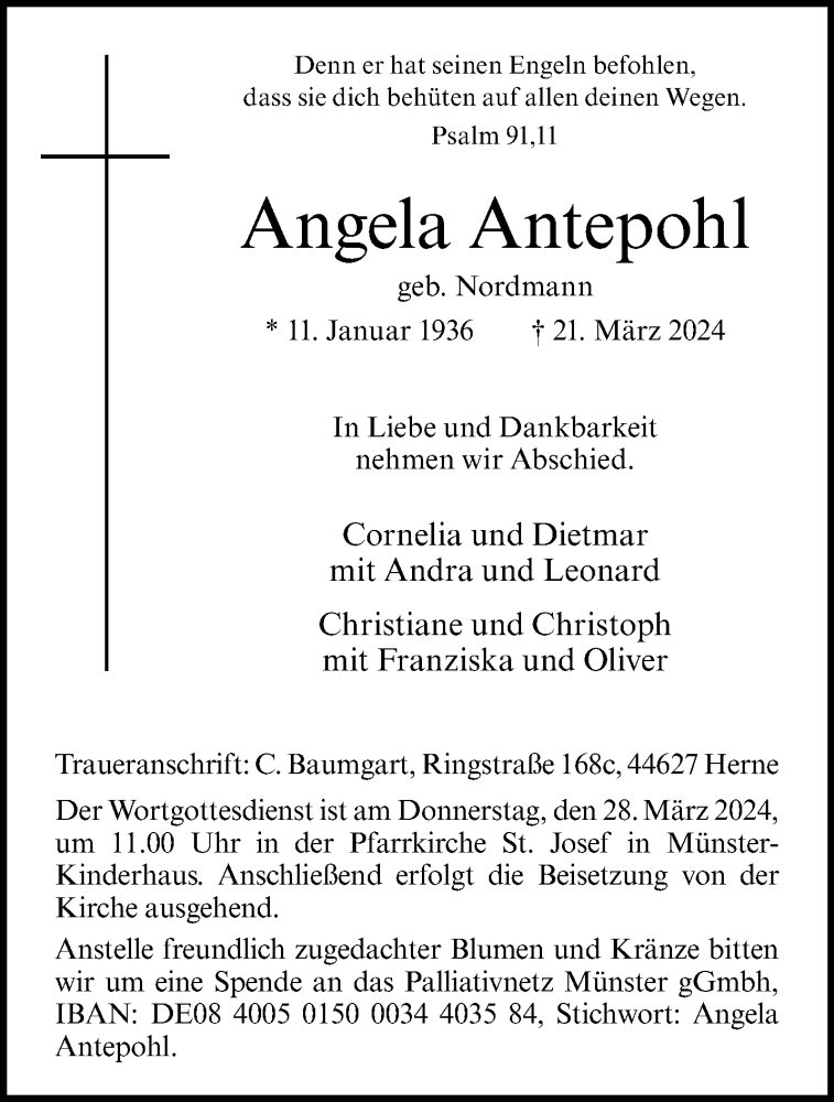  Traueranzeige für Angela Antepohl vom 26.03.2024 aus 