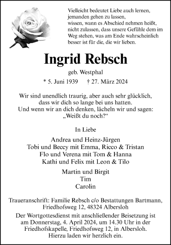 Anzeige von Ingrid Rebsch 