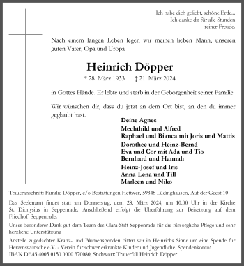 Anzeige von Heinrich Döpper 