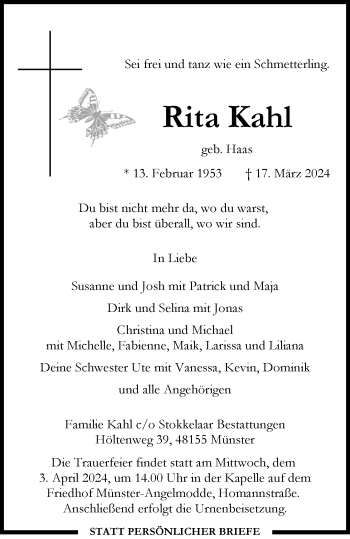 Anzeige von Rita Kahl 