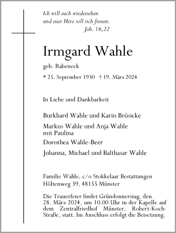 Anzeige von Irmgard Wahle 