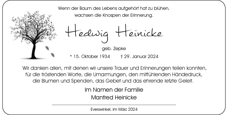  Traueranzeige für Hedwig Heinicke vom 02.03.2024 aus 