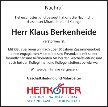 Anzeige von Klaus Berkenheide 