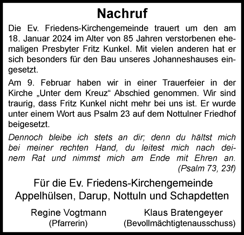  Traueranzeige für Fritz Kunkel vom 02.03.2024 aus 