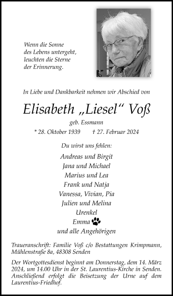 Anzeige von Elisabeth Voß 