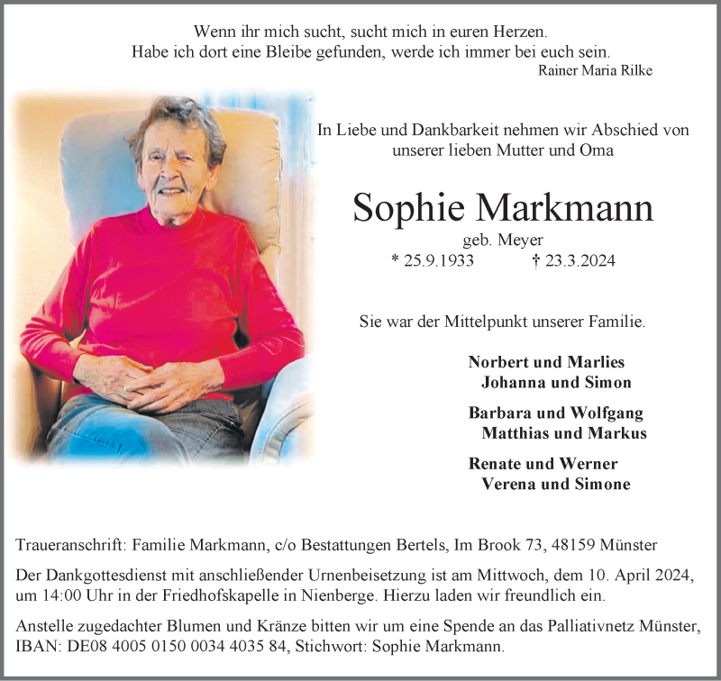  Traueranzeige für Sophie Markmann vom 29.03.2024 aus 