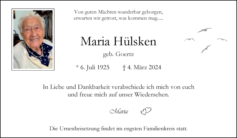  Traueranzeige für Maria Hülsken vom 16.03.2024 aus 