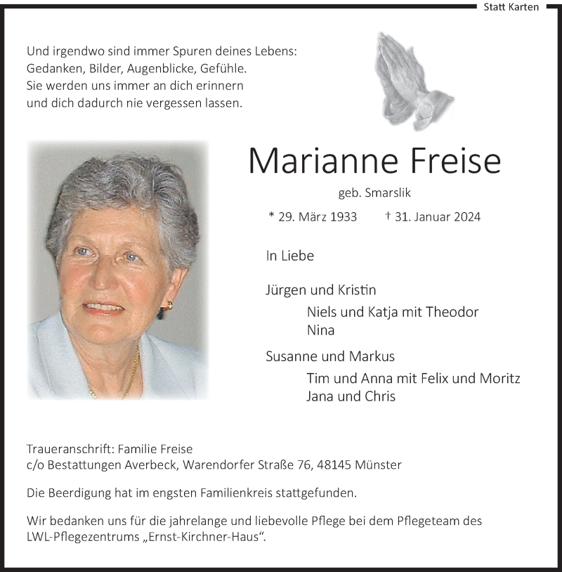  Traueranzeige für Marianne Freise vom 10.02.2024 aus 