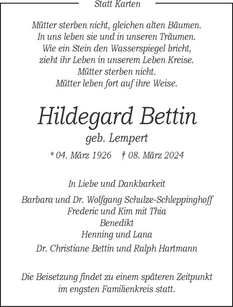  Traueranzeige für Hildegard Bettin vom 16.03.2024 aus 