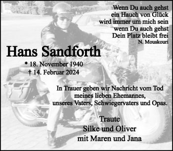 Anzeige von Hans Sandforth 