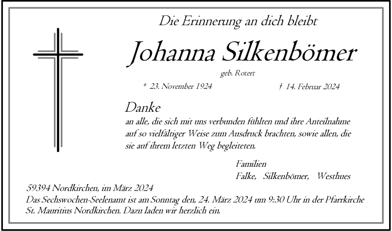  Traueranzeige für Johanna Silkenbömer vom 16.03.2024 aus 