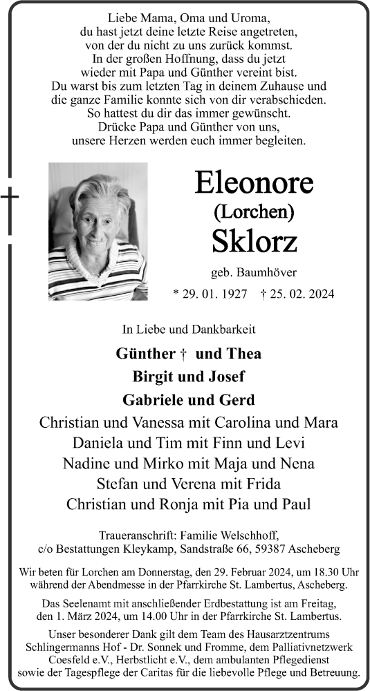  Traueranzeige für Eleonore Sklorz vom 28.02.2024 aus 