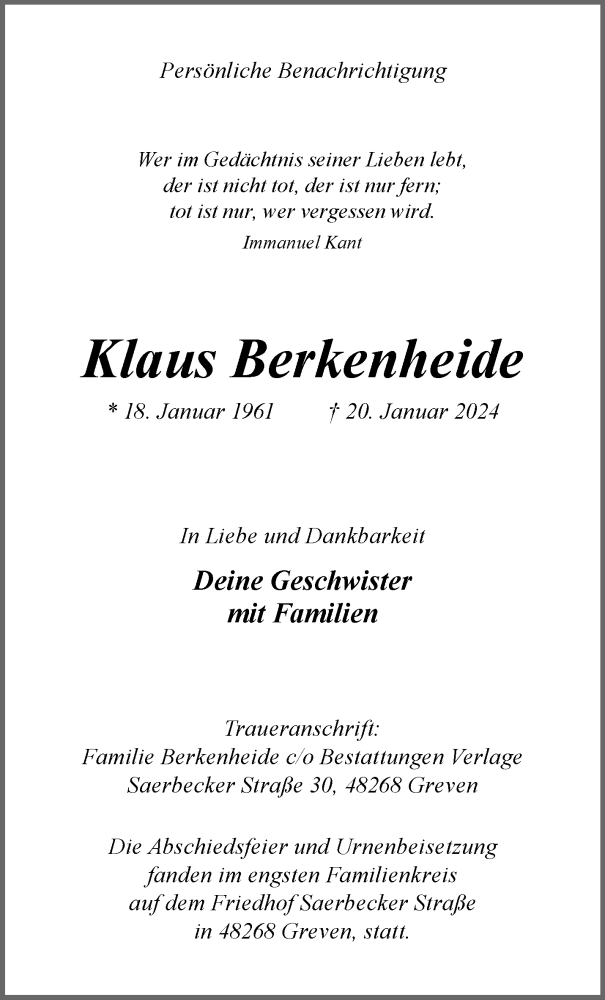  Traueranzeige für Klaus Berkenheide vom 02.03.2024 aus 