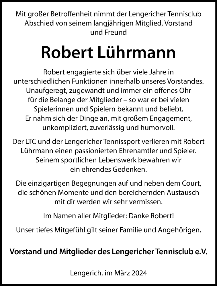 Traueranzeige für Robert Lührmann vom 15.03.2024 aus 
