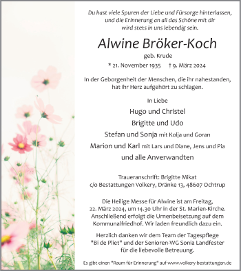 Anzeige von Alwine Bröker-Koch 