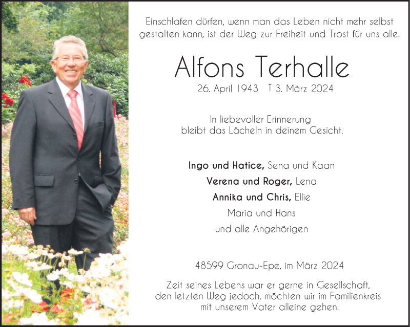  Traueranzeige für Alfons Terhalle vom 09.03.2024 aus 
