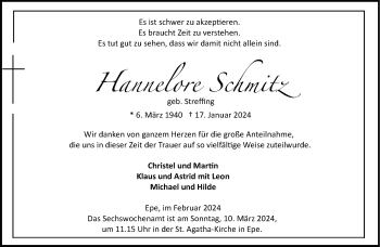 Anzeige von Hannelore Schmitz 