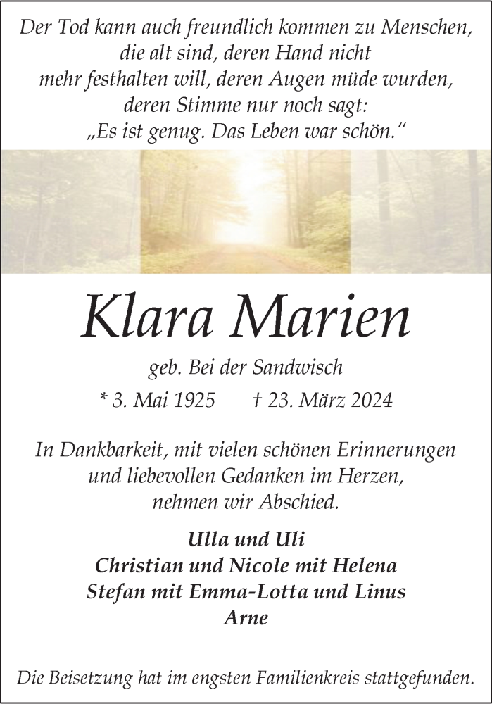  Traueranzeige für Klara Marien vom 29.03.2024 aus 