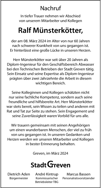 Anzeige von Ralf Münsterkötter 