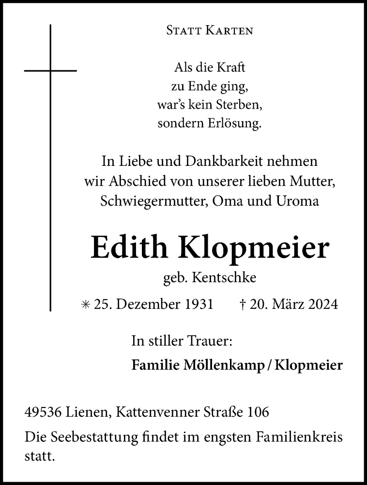  Traueranzeige für Edith Klopmeier vom 28.03.2024 aus 