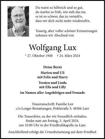 Anzeige von Wolfgang Lux 
