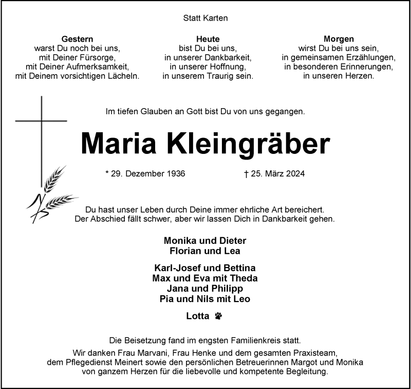  Traueranzeige für Maria Kleingräber vom 29.03.2024 aus 