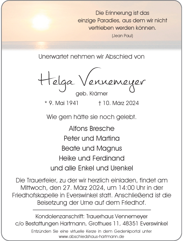  Traueranzeige für Helga Vennemeyer vom 16.03.2024 aus 